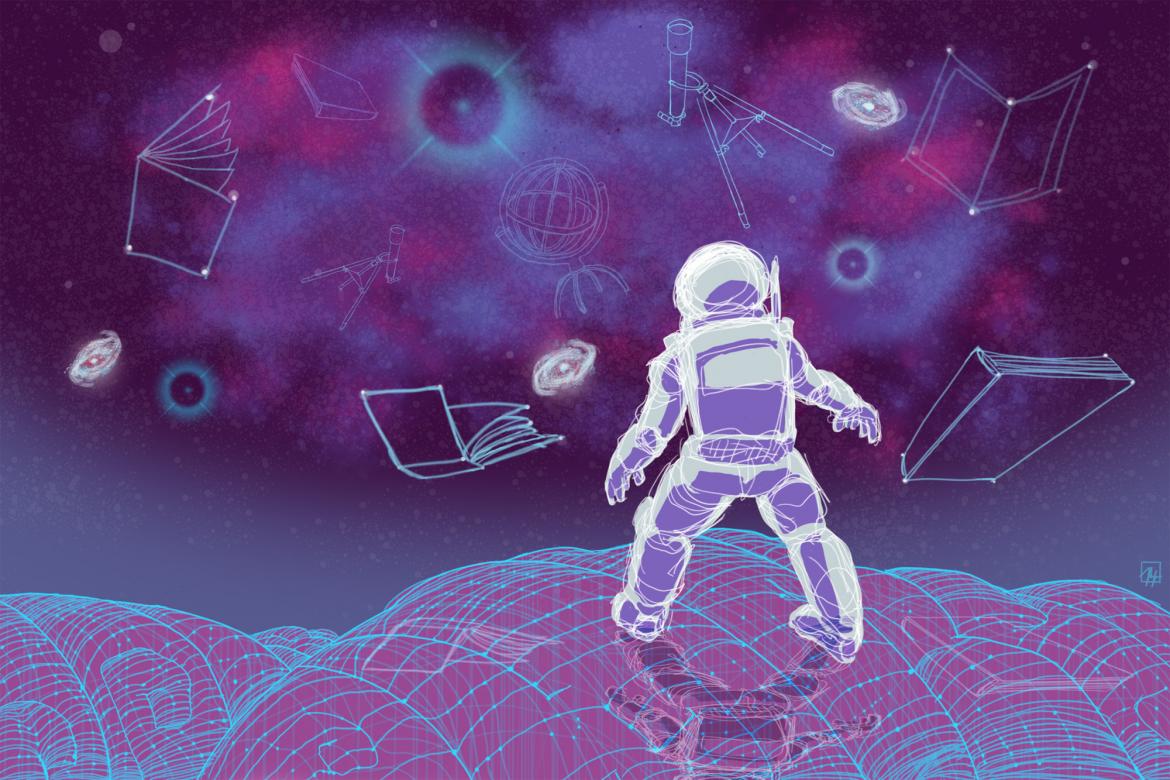 Purple and blue illustration of an astronaut standing on a purple planet looking out at books and telescopes floating away in the galaxy.