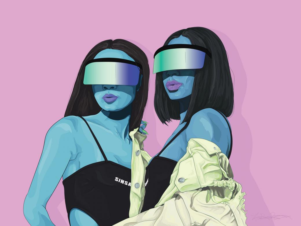 Illustration of two women with blue skin and black hair. The women wear matching black tank tops, light green denim jackets, and shield visor glasses. 