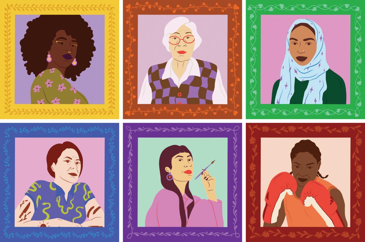 (First row) Yellow frame around a Black woman with an afro and yellow eyeliner; orange frame around a light-skinned elderly woman with red glasses and a checkered vest; green frame around an olive-skinned woman with a light blue hijab and a dark green shirt. (Second row) Blue frame around a white woman with short auburn hair and arm tattoos; purple frame around a tan woman who carries a paintbrush and who has long, dark brown hair; red frame around a Black woman who holds her hands up in boxing gloves.