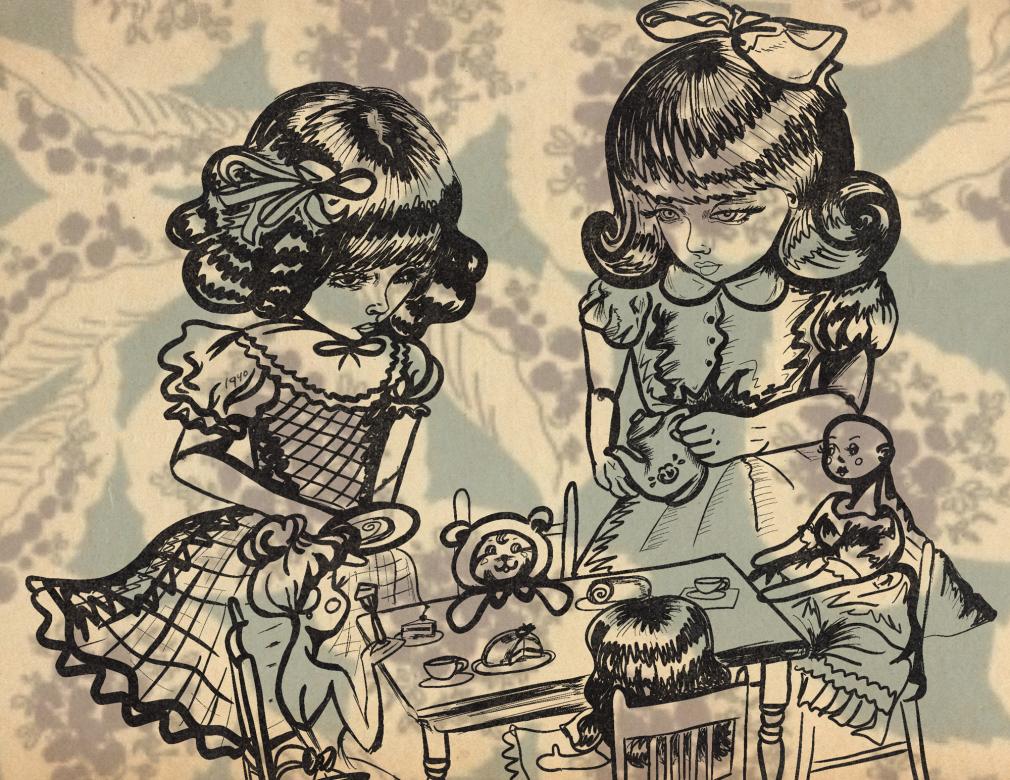 Gothic-style illustration of two young, unhappy girls wearing frilly dresses throwing a tea party for their dolls and stuffed animals. The illustration is sketched in black on a transparent sheet. A decorative pattern can be seen through the illustration.