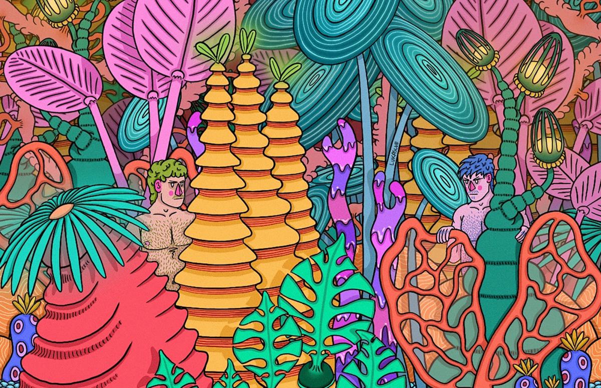 Illustration of two shirtless men in a colorful, fantastical jungle. The men stand on opposite sides of the image, partially covered by the foliage, staring angrily at each other.