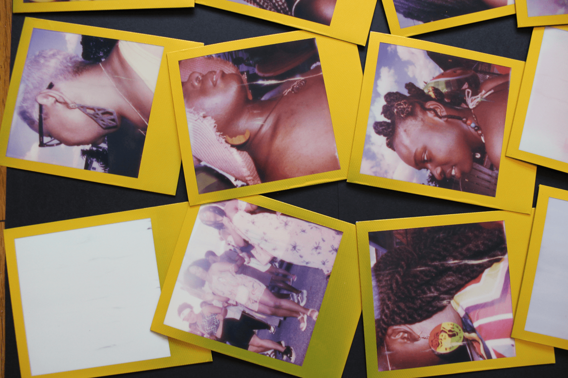 Collection of polaroids that are pictures of close-ups of a Black woman's head.