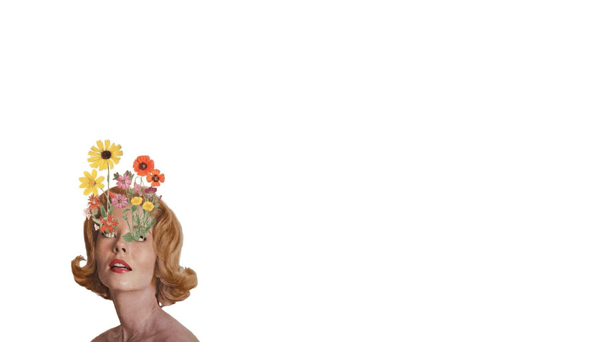 Vintage photograph of a woman's head and neck cut out on a white background. Flowers grow out of her eyes.