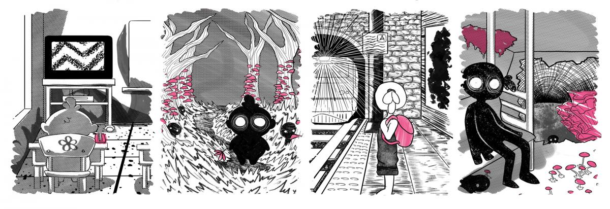A four panel pink, black, and white illustration of cartoon figures with white orb-like eyes.
