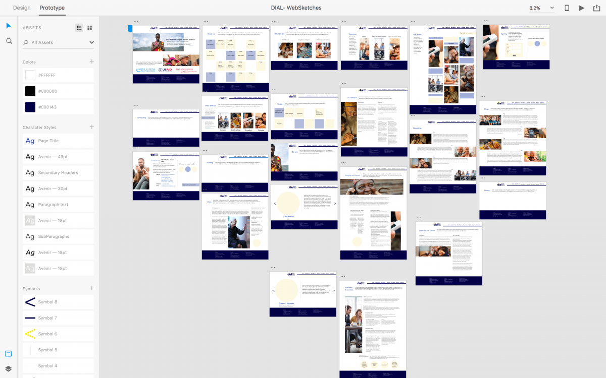 Screenshot of Amy's Adobe XD workspace that shows all of the web pages.