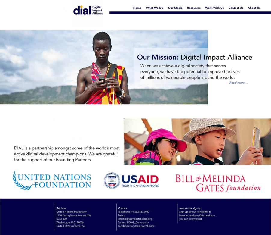 Home page design for Dial, the Digital Impact Alliance.