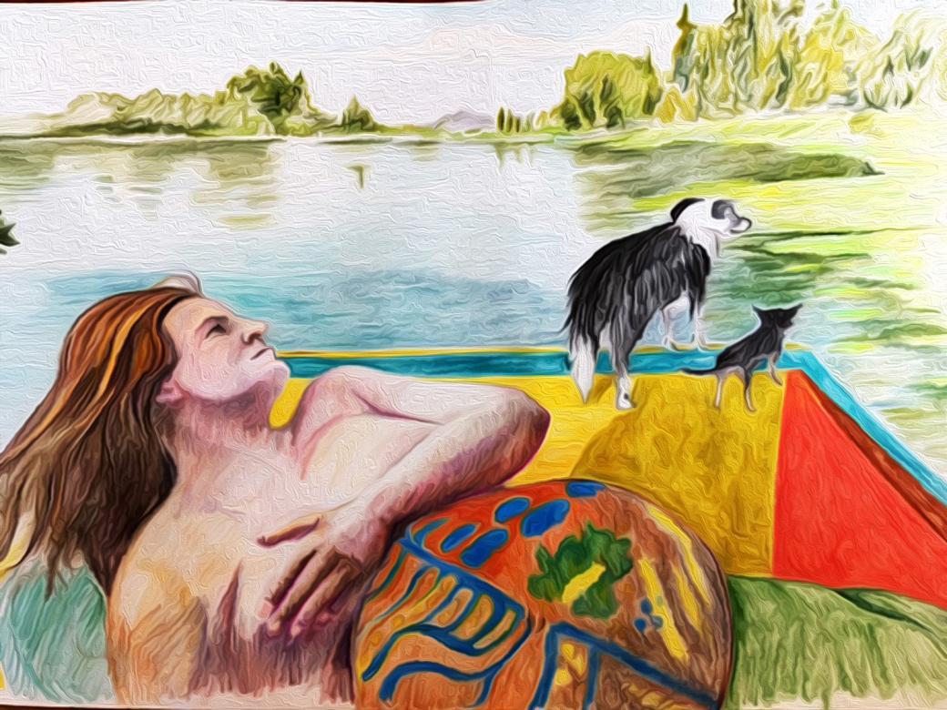 Drawing of a long haired figure with a bright colorful pregnant belly holding a hand of the breasts. The figure is on a yellow, red, and blue dock with two dogs standing overlooking a lake and landscape. 