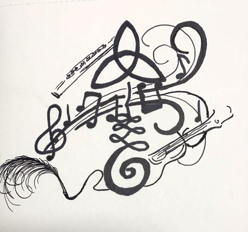 Black ink drawing of different musical symbols, lines, and swirls centered in the middle of a white square piece of paper.