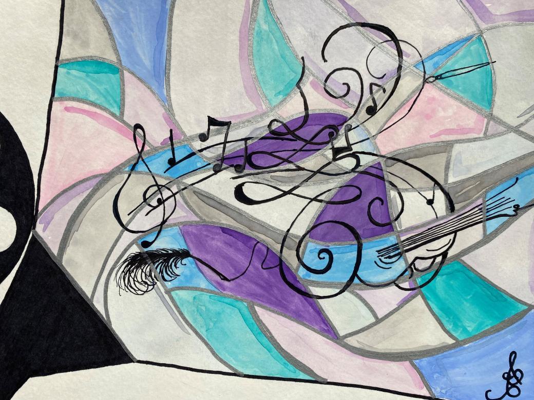 Black ink drawing of different musical symbols, lines, and swirls centered in the middle of a rectangular piece of paper surrounded by grey, aqua, teal, purple, and light pink watercolor shapes outlined with a thin metallic silver line giving a similar look to stained glass.
