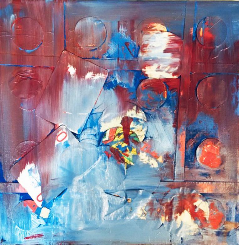 Abstract acrylic painting using shades of blue white, and red paint. Textural elements such as a grid, circles, and playing cards are embedded under the paint. 