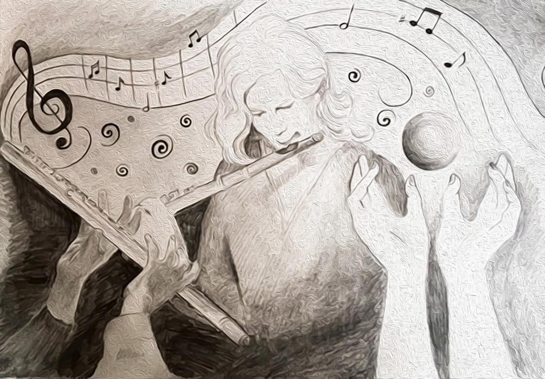 Graphite monochromatic drawing of a figure with medium hair in the center playing the flute. Musical notes swirl around the figure emanating from hands playing a flute in the bottom left corner. In the right corner are hands around a floating sphere. 