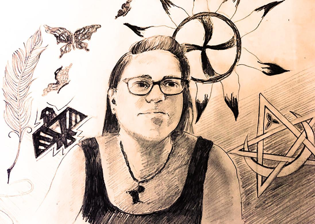 Pencil drawing of a figure wearing a black tank top, necklace, and glasses in the center looking at the viewer. Various symbols are in the background including cultural and religious symbols. 