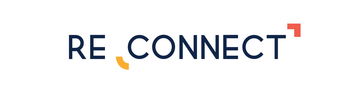 Logotype that says "RECONNECT." "CONNECT" is framed by two geometric forms used in the logo.