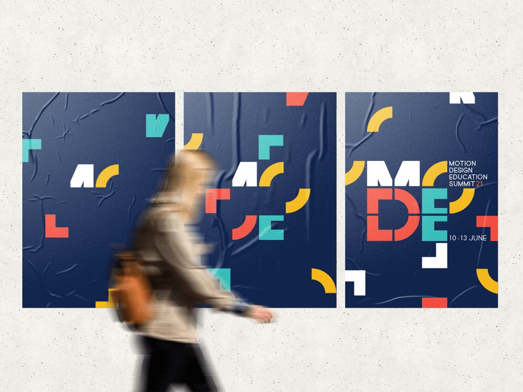 Person walks past three posters on a wall. Each advertises MODE with a unique geometric pattern.