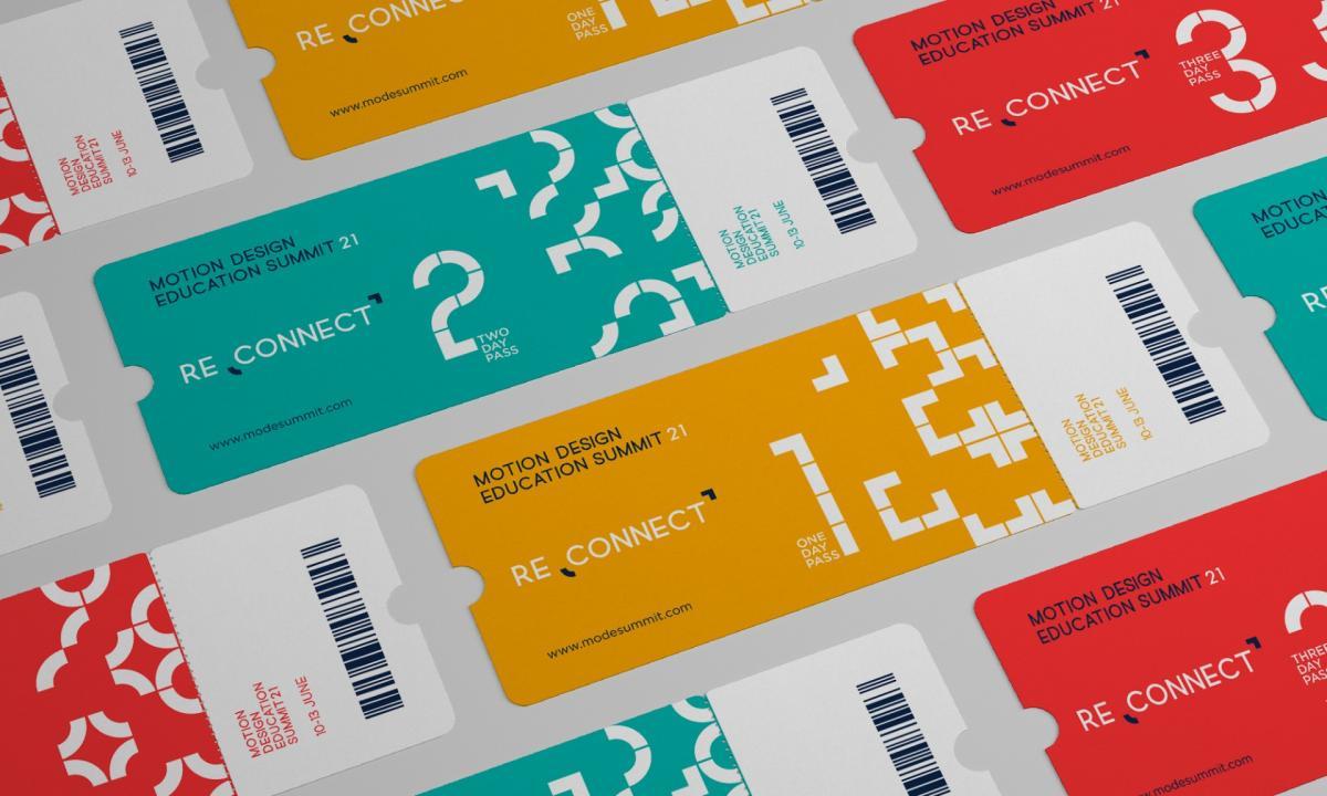 An array of yellow "One Day Pass" tickets, teal "Two Day Pass" tickets, and red "Three Day Pass" tickets for MODE.