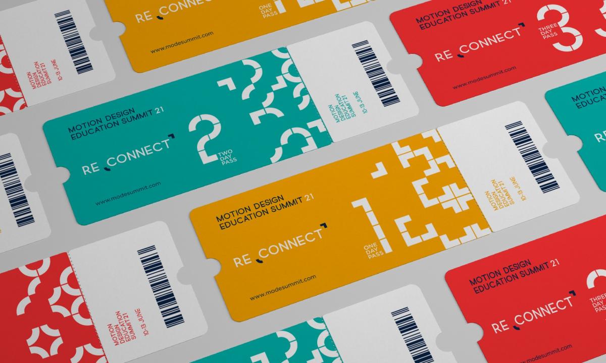 An array of yellow "One Day Pass" tickets, teal "Two Day Pass" tickets, and red "Three Day Pass" tickets for MODE.