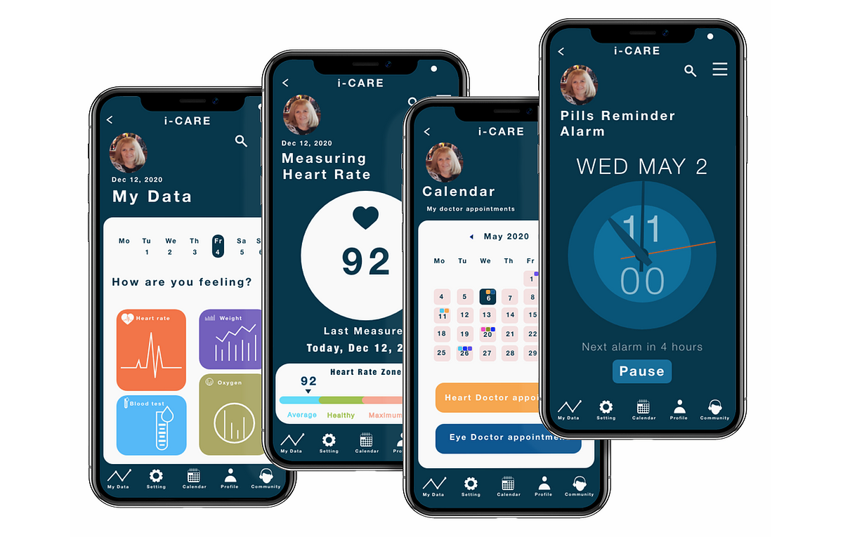 4 mockups of i-care app screens on smartphones. 