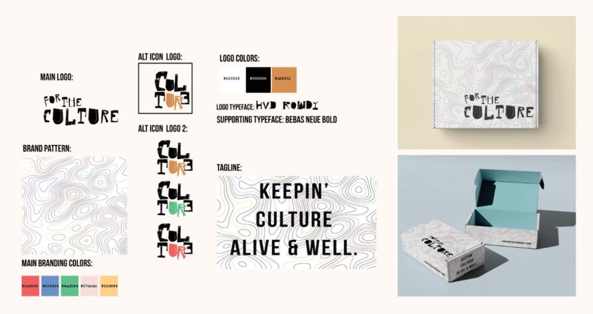 Collage that shows the main logo, brand pattern (blobs and waves), branding colors (red, blue, green, pink, and yellow), tagline (Keepin' Culture Alive & Well), and final products (subscription boxes) of the brand. 