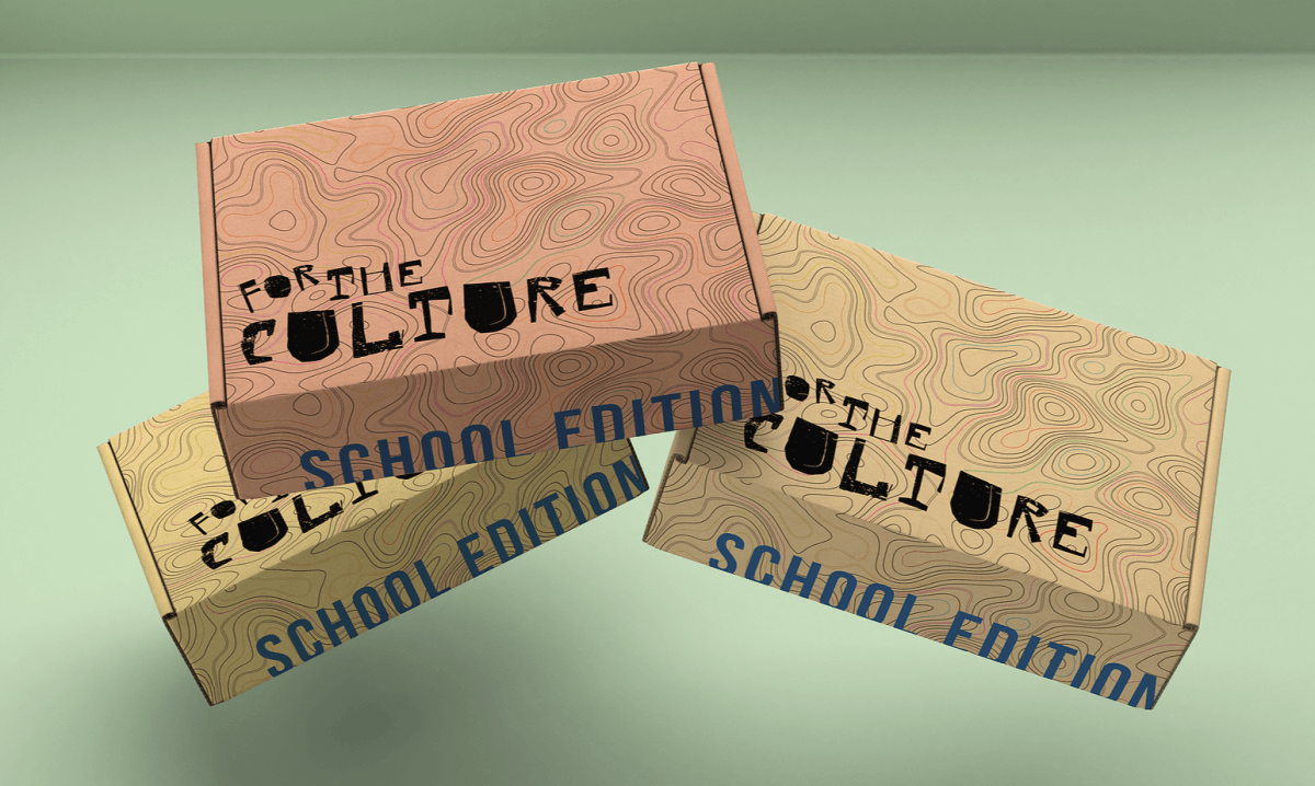 Three brown boxes. The tops say "FOR THE CULTURE." On the front sides of the boxes it says "SCHOOL EDITION." The boxes are decorated with the wavy branded pattern.