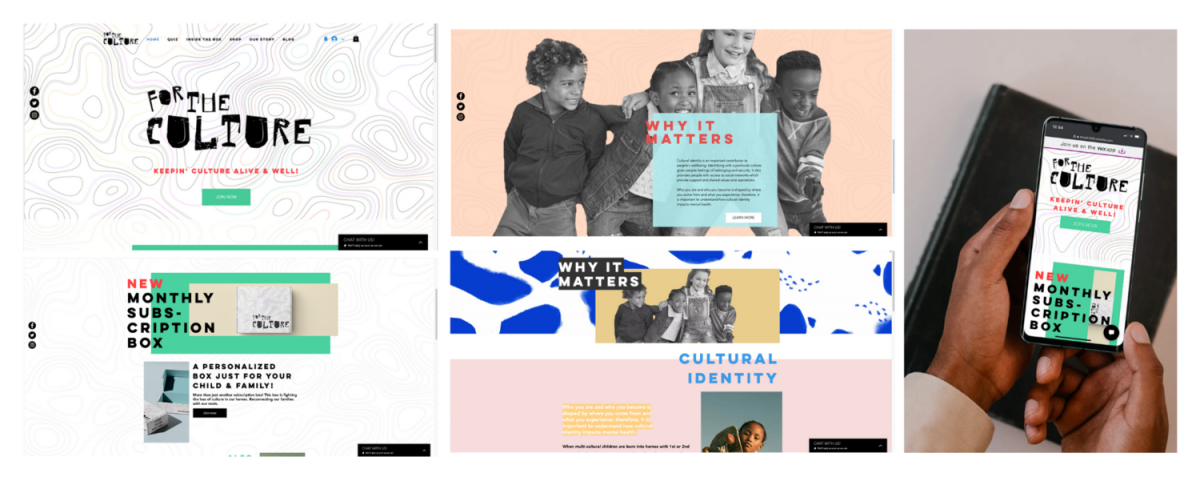 Collage of screenshots of the For the Culture website. The screenshots show the home page, and explanations of "Why it Matters" and "Cultural Identity."