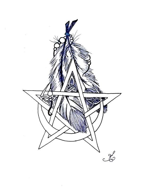 Black and white ink drawing of an outlined five point star with a crescent moon coming through the bottom two points facing upwards. Aligned with the top point of the star is a pair of feathers with beads hanging down through the star.
