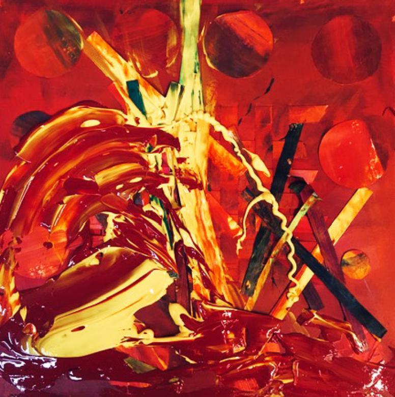 Red, yellow, and black abstract acrylic painting featuring textural paper circles and lines in the background embedded under the paint. In the bottom of the painting large sweeping raised elements of paint emerge from the left corner.