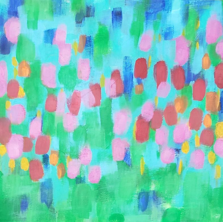 Colorful acrylic painting of pink, red, blue, orange, and yellow short brushstrokes on a green and aqua background. 