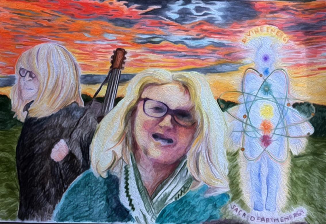 Photoshopped colored pencil drawing of two women figures and a dive energy chakkra chart on a landscape background featuring a green field with a prominent sunset. 
