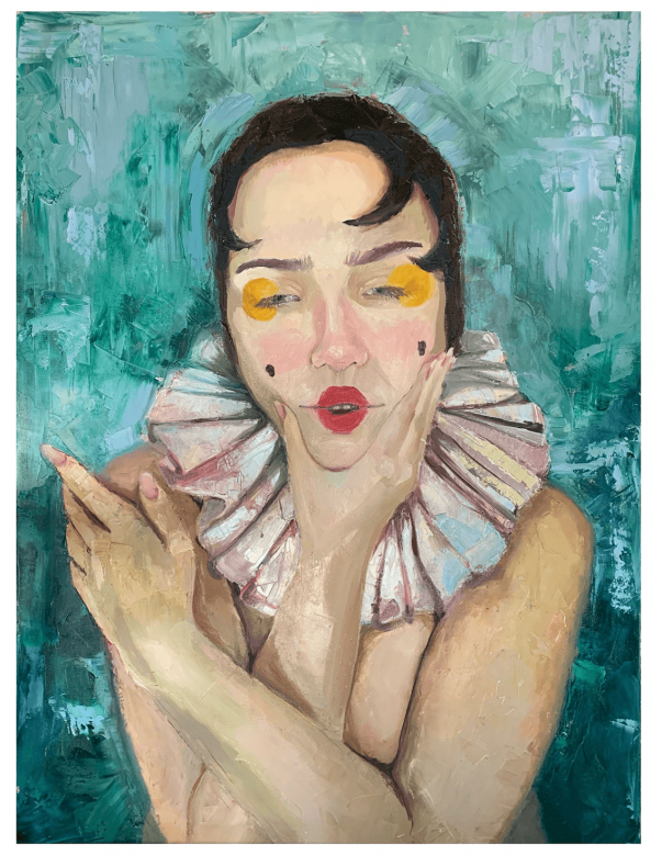 Painting of a person naked except for clown make-up and a frilly collar. The person puckers their lips and cups their chin with their hand.
