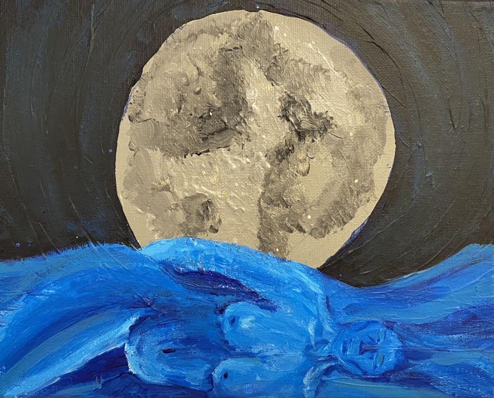 painting of blue women as the ocean in front of the moon