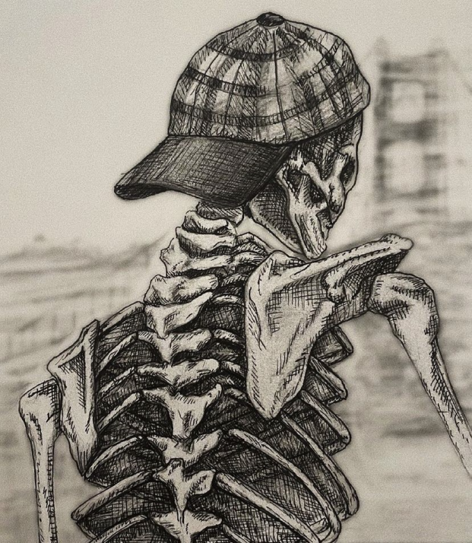 sketch of a skeleton wearing a hat