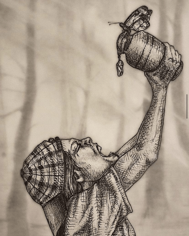 sketch of a boy holding a jar with a butterfly on it