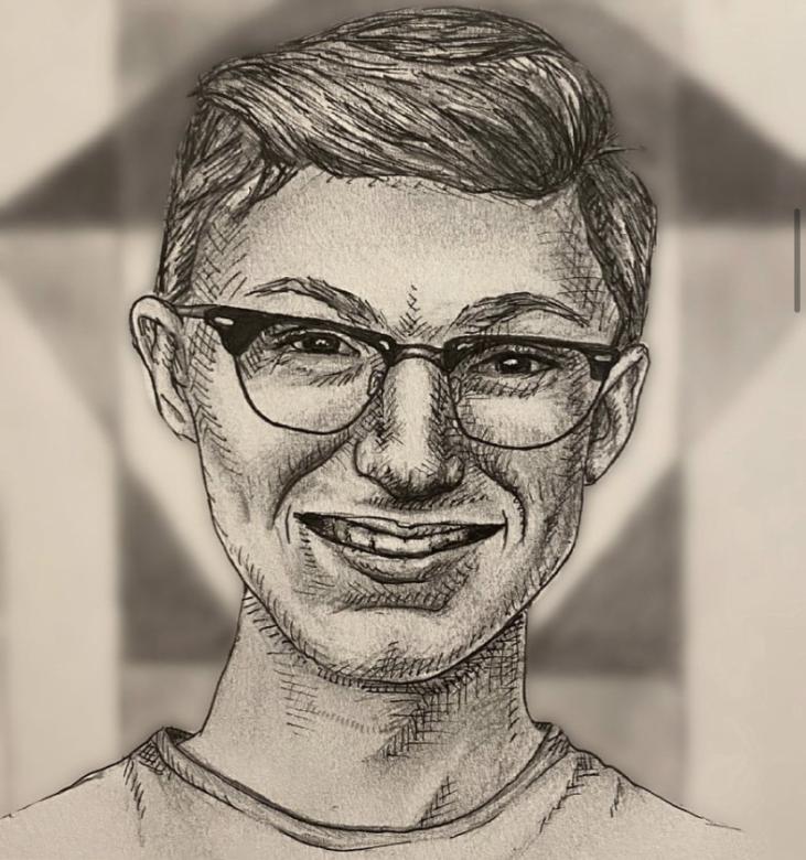sketch of a boy with glasses smiling