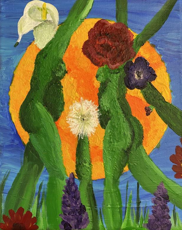 painting of green women dancing in front of the sun