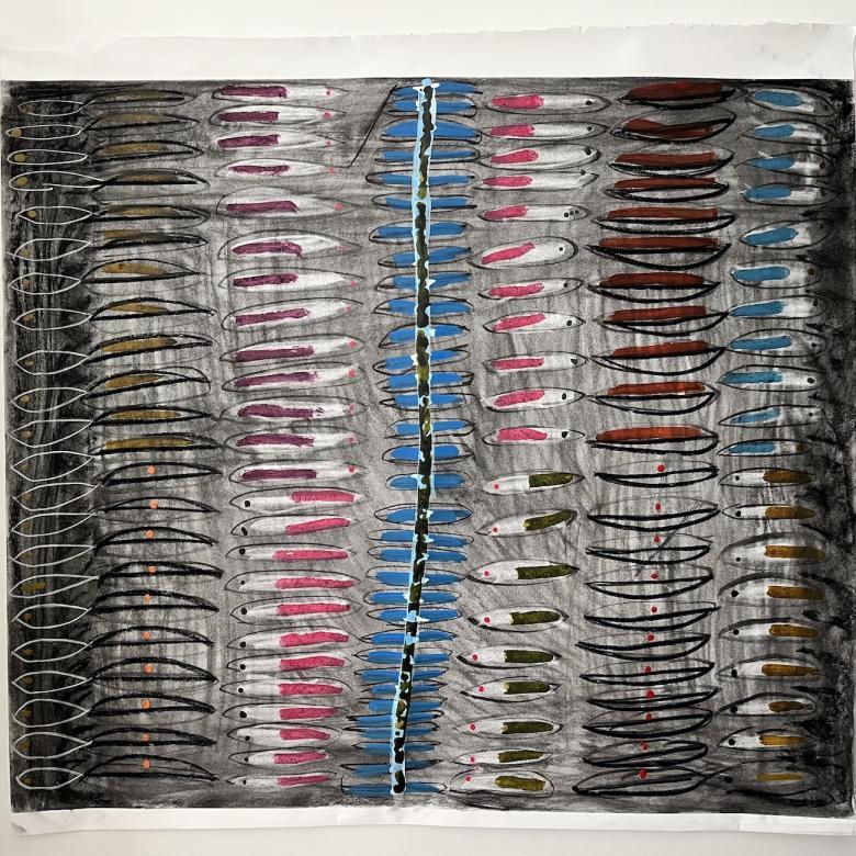 Abstract drawing with a black background and brighter colored lines