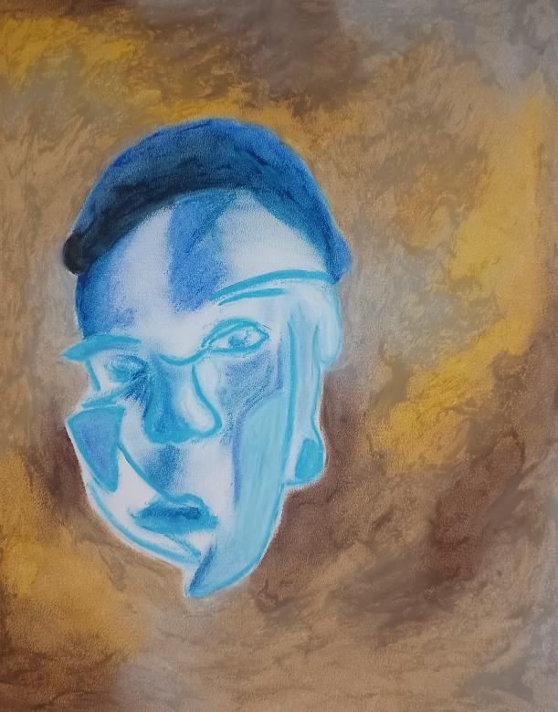 Drawing. In the foreground, slightly to the left, is an abstract image of a face. The face is made up of light and dark blues. The background is a mixture of brown, tan, grey, and yellow and appears cloudy.