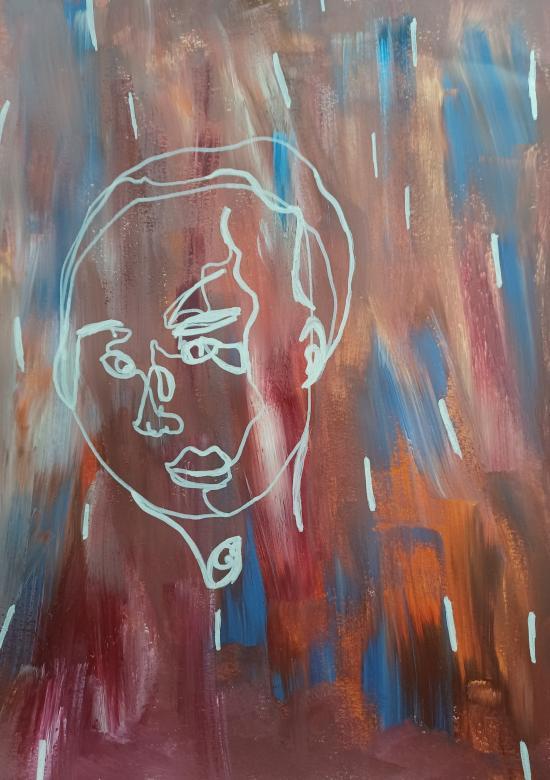 Painting. In the foreground, in white, is a thinly outlined face. The background is made up of various brush strokes in blue, orange, tan, red and white. These colors are very distinct in some places and blend together in others. Also scattered on the background are small thin lines of the same color as the face.