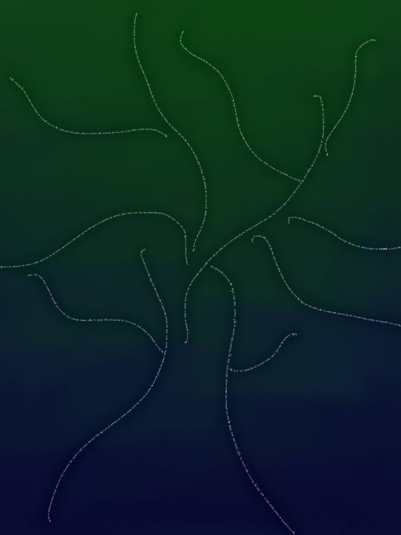 Digital art. The image depicts the outline of a tree made up of white lines which are made up of small words. The background is a gradient of color which starts as green at the top and begins changing to navy blue at the center.