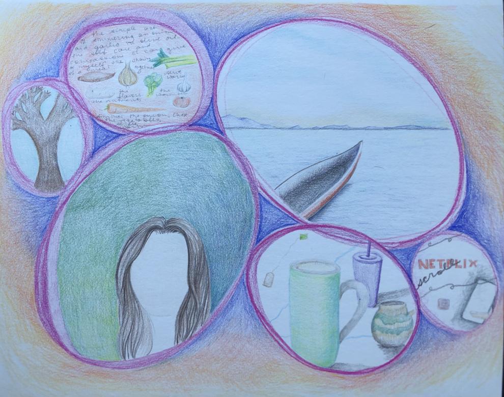 Colored pencil. The piece depicts several magenta circles with an image inside each circle. In one is a faceless head with brown hair. In the next is a canoe on a body of water with mountains on the horizon. In the next is a tall, handled green mug, a purple cup with a straw lid, and a shorter mug with a tea bag lying next to them. The next is a red background with vegetables drawn in. The next depicts a bare tree. The final one says the word “Netflix” in red and the word “scroll” written in black.