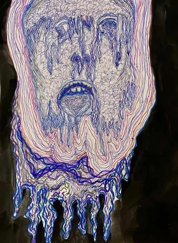 Mixed Media. On a black background is a drawing of a face drawn in blue pen. The face appears to be melting or dripping away. The mouth is down turned, and it is dripping away. There are also drips around the eyes and nose. Surrounding the face are red and blue lines and below that are purple, blue, and black squiggles.