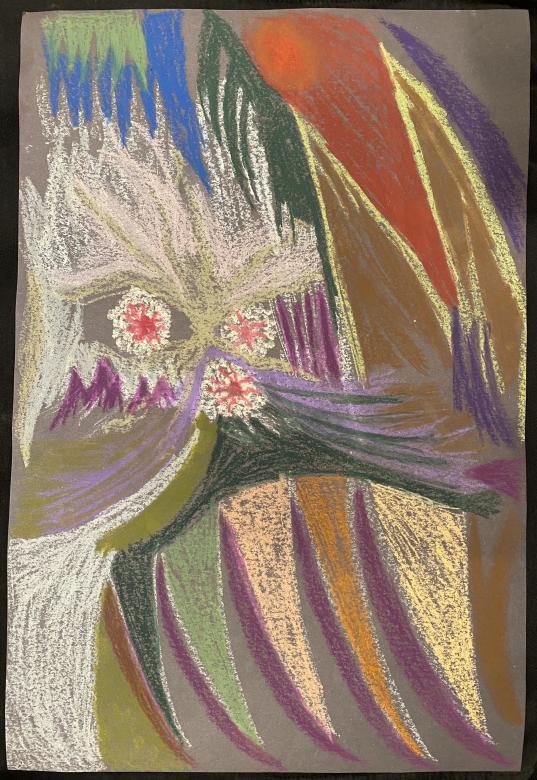 Drawing. An abstract depiction of a monster. There are several different colors at the bottom are large pointy triangles in the colors green, pink, orange, and yellow. Above this are three white circles with pink in the center. Surrounding the monster are abstract shapes in different colors.