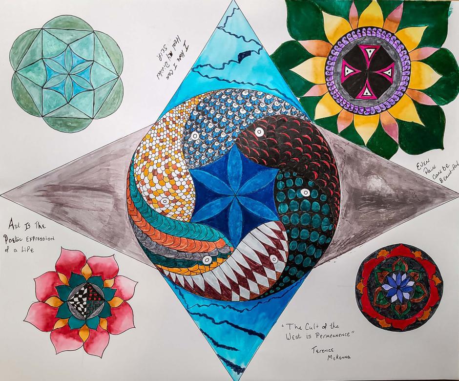 In the center of the piece is blue flower. Surrounding the flower are several designs in a circle that include the colors blue, white, black, red, turquoise, brown, white, orange, green, grey, and yellow. Next to each point there is something written, clockwise starting at the top they read, “I Hope I Can Heal My Divided Self”, “Even pain can be beautiful”, “ ‘The Cult of the West is Permanence’ Terence McKenna”, and “Art is the poetic expression of life”. In each four corners is an additional flower
