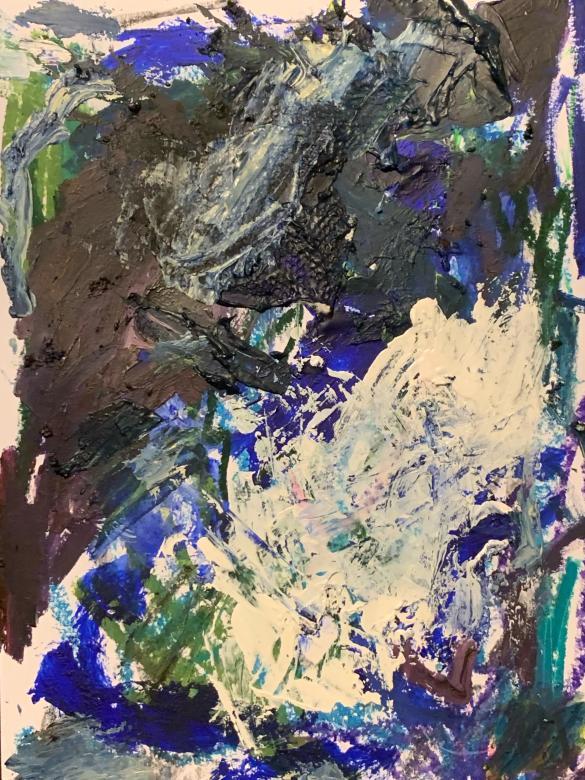 Painting. In the top left corner of this piece is a large black area of paint that extends diagonally from the top right corner down. The bottom corner of the painting is a large white area of a similar shape to the black one. Scattered around and on top of these large areas of paint are varying shades of blue, green, and purple.