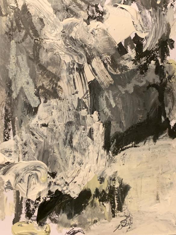 Painting. This piece is abstract and filled with the colors grey, black, and white. They are mixed together all around, but in some places there are larger patches of just one color.