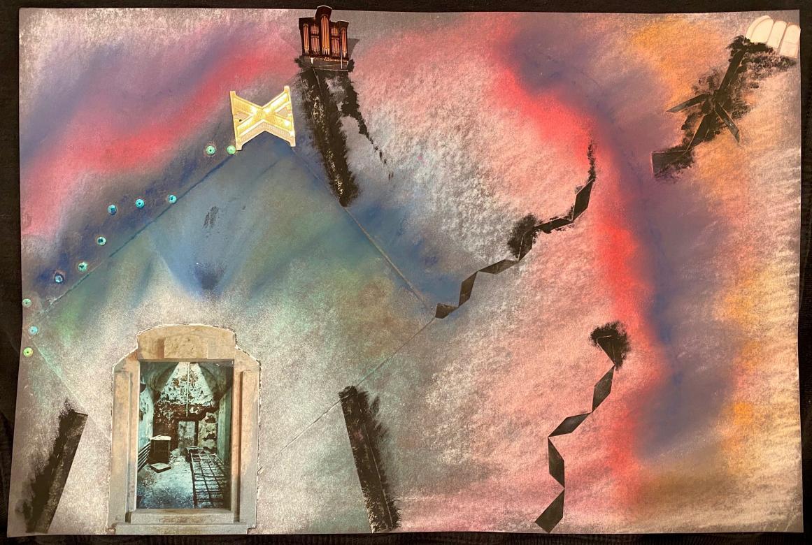 Mixed media. In the bottom left corner of this piece is a cutout of a doorframe, through the door frame is a black and white image of a mineshaft. In the background, extending out from the mineshaft are different colors starting with green, then blue, pink, red, purple, and orange. On the backdrop there are cut outs of a window, an organ, and the letter X. There are also some black lines and squiggles in the piece in various places.