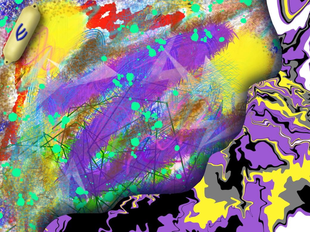 Several bright colors and patterns make up the entirety of this piece. In the bottom right corner is a swirly marbled design made up of the colors purple, yellow, black, and grey. The rest of the piece is taken up by various paint splatters and brush strokes in several rainbow colors. In the top left corner is a yellow oval shaped object with the letter E written on it in dark blue.