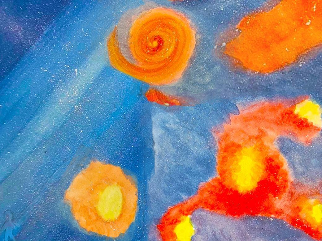 A background of a blue a blue and purple sky with small white paint splatters. Four paintings of galaxies are painted over this background they are orange, red, and yellow.