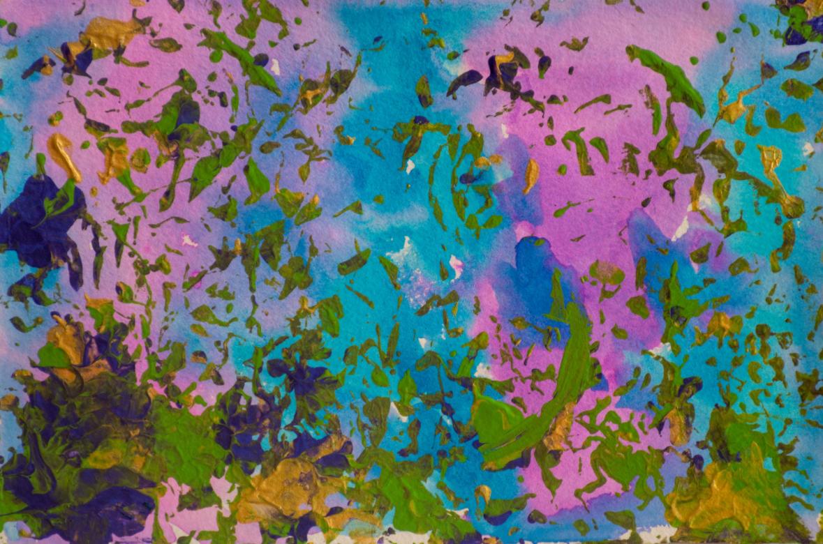 Painting: The background is made up of the colors blue, pink, and purple. Painted over top of this are splotches of paint in the colors green, yellow, and purple. At the bottom of the piece the splotches are large taking up almost all the space, as they move up to the top they become smaller and more scattered. The colors are all mixed in some spots and distinctly separated in others. 