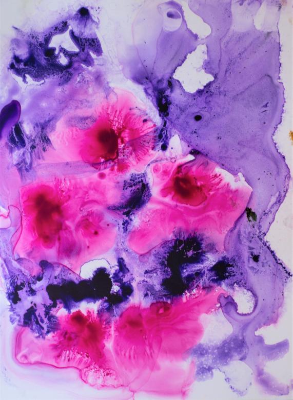 This piece is made up of just two colors on a white background. There are large sections of bright pink and bright purple. The center of the piece has three large sections of pink with some purple running in between it. At the bottom of the piece is another larger section of pink. Most of the rest of the piece is purple.