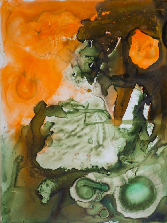 This piece is made up of orange, green, and brown. At the top of the piece is a larger section of orange. Painted over this is the brown color which has a large hole in it through which the orange can be seen. This color drips down into the center of the piece in some places. The bottom half of the piece is made up of the green color. The colors vary in tone from dark to light. At the bottom right are two circles which are lighter in the middle and darker around the edges. 